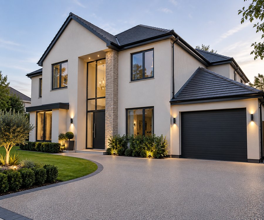 Modern rendered new-build home finished in a light render system, Merseyside