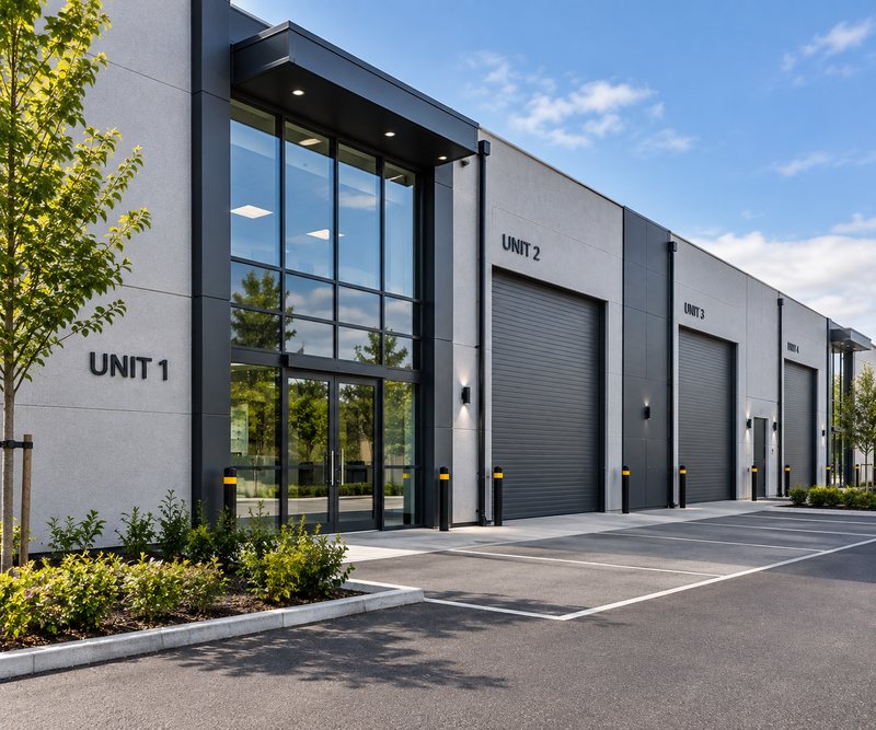 Commercial and industrial unit development, external render and cladding finish